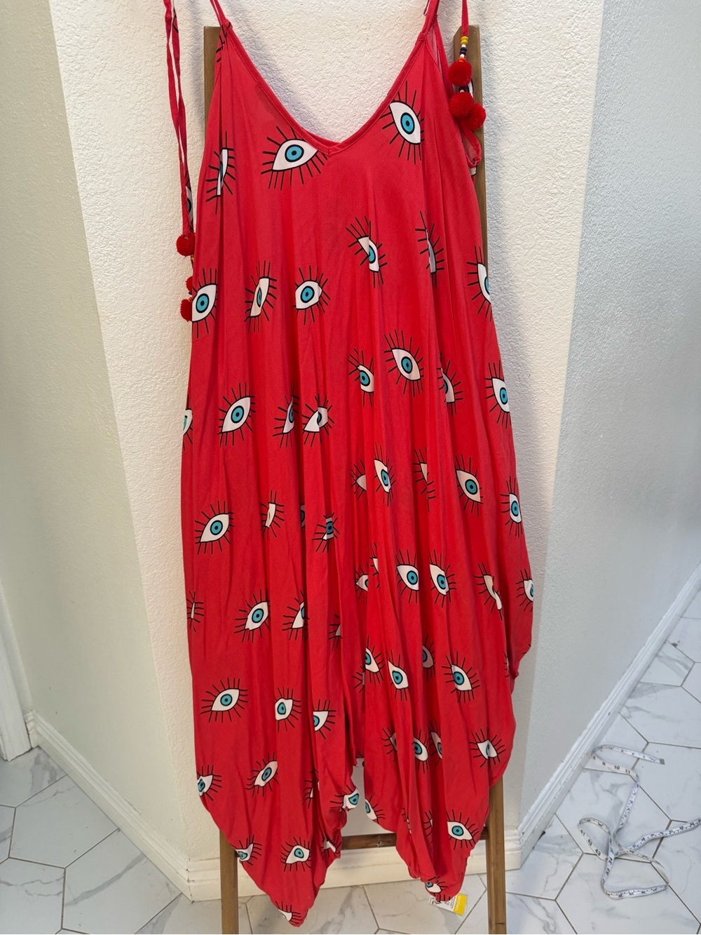 Red and Blue Evil Eye-Print Spaghetti Strap Jumpsuit Over Size Wide Leg Boho